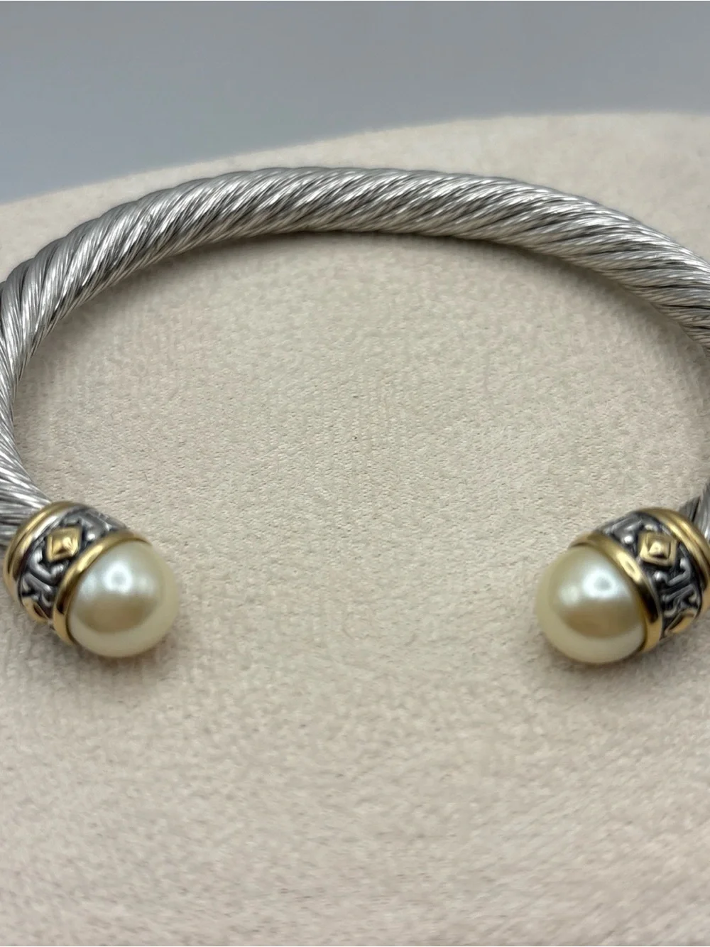 John Medeiros Cuff Bracelet with Pearl Caps and Gold Accents - Silver and Cream